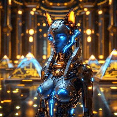 The primary subject of the image is a futuristic robotic woman with blue eyes and a cat-like head. She is standing in a futuristic setting, possibly a futuristic city or a space station. The visual style of the image is digital art, as it appears to be a computer-generated or digitally rendered character. The colors and mood of the image are predominantly blue, giving it a cool and futuristic atmosphere.